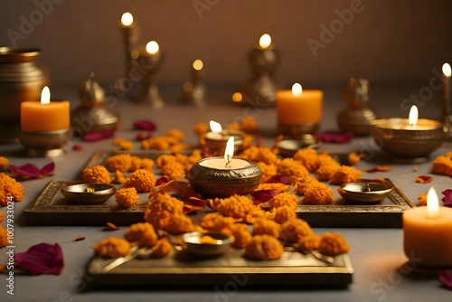 High detail  minimalist image of Diwali Altar with Food Offerings and Diyas photo