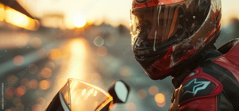 Motorcyclist in Red Helmet and Black Leather Gear at Sunset with Reflective Surface and Bokeh Effect Motorcyclist in Red Helmet and Black Leather Gear at Sunset with Reflective Surface and Bokeh Effect
