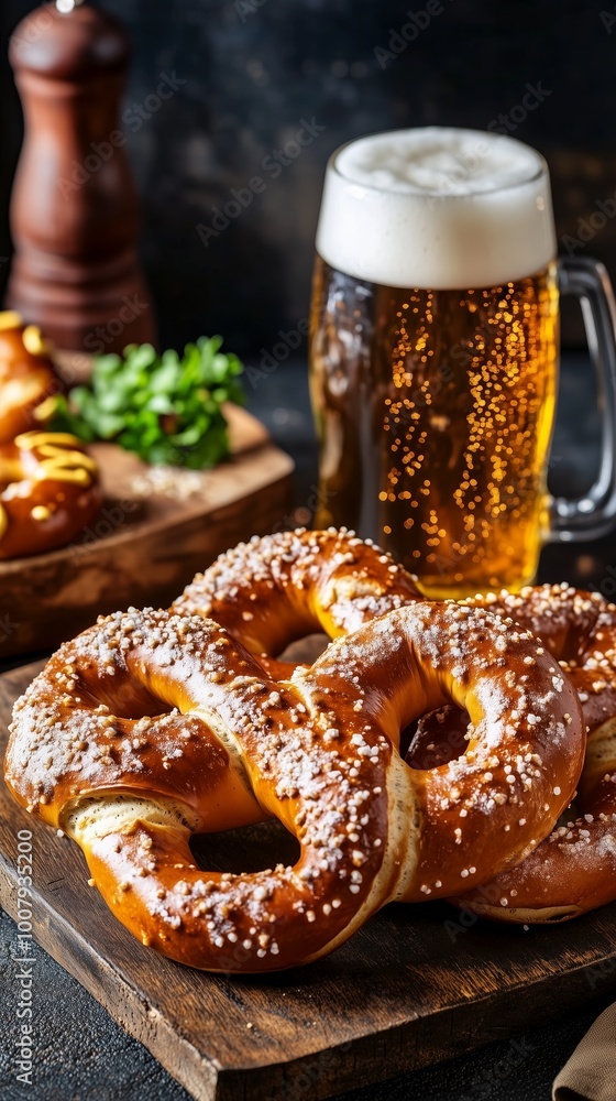 Delicious soft pretzels served with a cold beer on a rustic wooden table, showcasing mouthwatering snacks and refreshing drinks Delicious soft pretzels served with a cold beer on a rustic wooden table, showcasing mouthwatering snacks and refreshing drinks