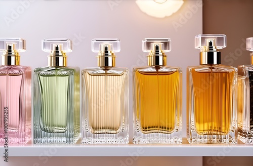 A set of stylish perfumes on a glass shelf on a light background. A minimalistic concept of high-quality and refined fragrances and perfumes.