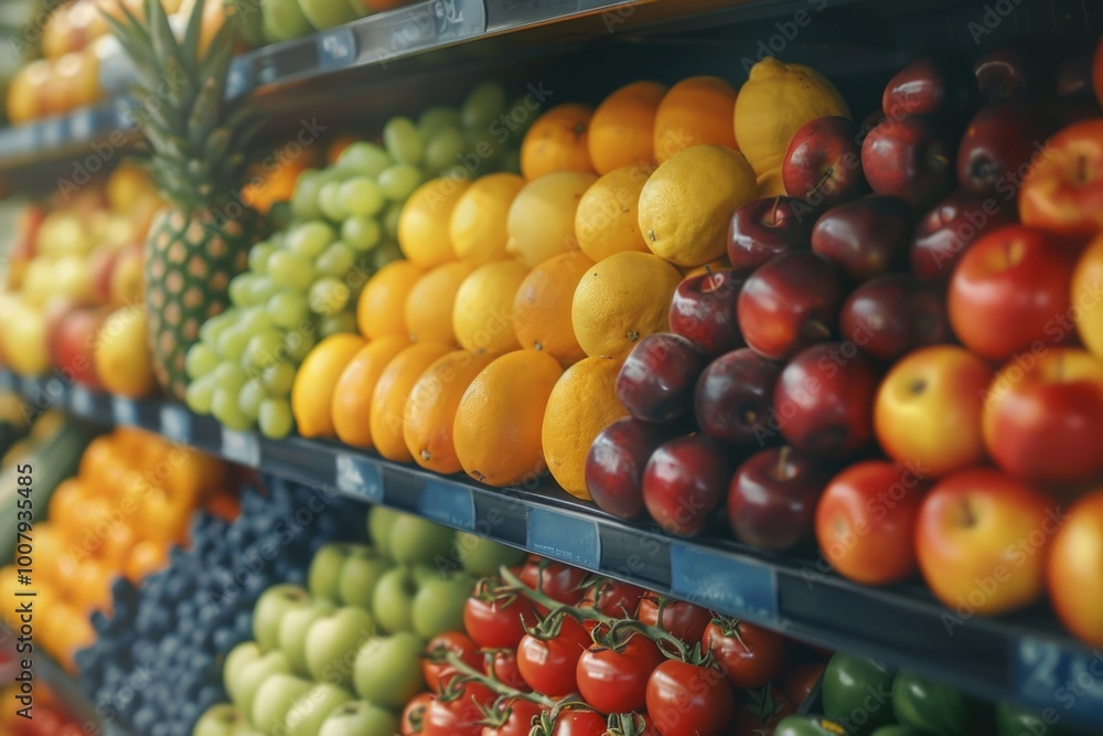Assorted fruits and vegetables display at grocery store Assorted fruits and vegetables display at grocery store