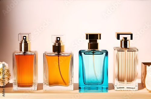 Glass perfume bottles on a light beige background. A minimalistic concept of high-quality perfumes and fragrances for a holiday gift