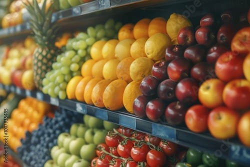Assorted fruits and vegetables display at grocery store