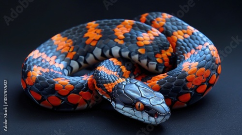 Colorful Black and Orange Snake Coiled on Black Background photo