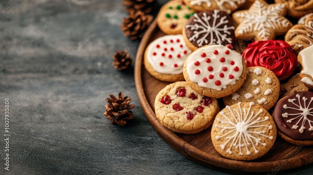 Assorted festive cookies on wooden plate with pine cones. Assorted festive cookies on wooden plate with pine cones.