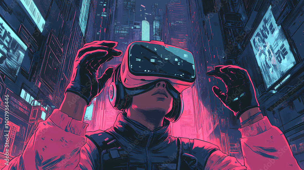 Obraz premium A virtual reality gamer wearing vr gloves, fully immersed in a digital game world. Virtual Reality World. Illustration