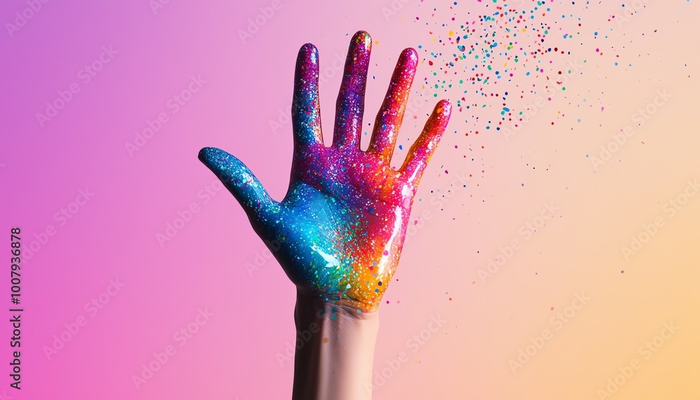 Colorful hand with glitter on a gradient background, vibrant and creative expression. Colorful hand with glitter on a gradient background, vibrant and creative expression.