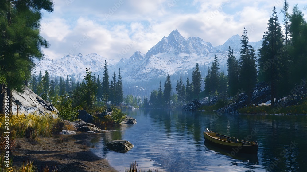 Serene Mountain Lake with a Small Boat Serene Mountain Lake with a Small Boat