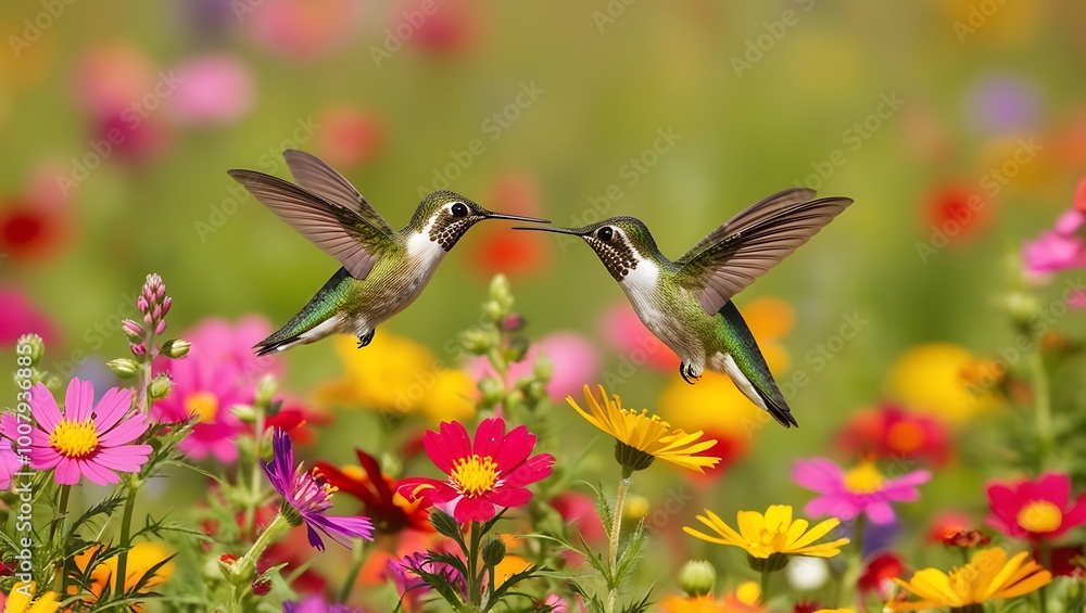 Fototapeta premium This enchanting image captures a vibrant moment in nature as a hummingbird and butterfly meet in mid-flight above a colorful meadow of blooming flowers. 