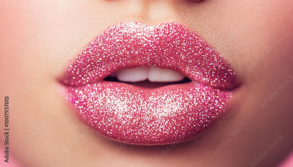 Close-up of glossy, sparkly pink lips on a vibrant background Close-up of glossy, sparkly pink lips on a vibrant background