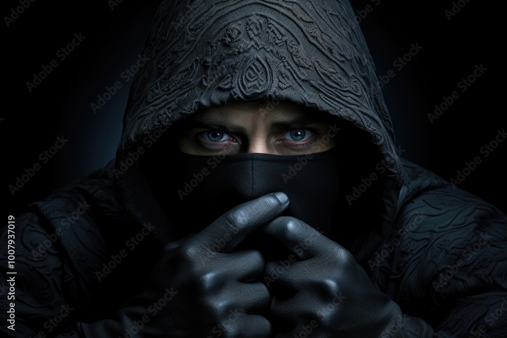 Mysterious Hooded Figure with Intense Blue Eyes and Black Mask in Dark Atmosphere Mysterious Hooded Figure with Intense Blue Eyes and Black Mask in Dark Atmosphere