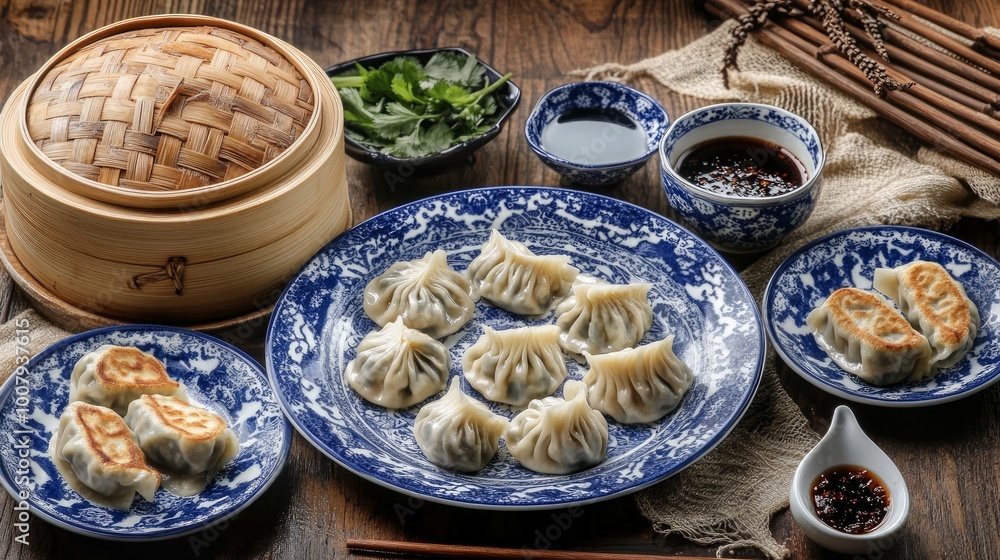 A vibrant display of chinese dumplings, both steamed and pan-fried, artfully arranged on blue and white patterned porcelain plates complemented by a bamboo steamer and dipping sauce, this setup is per A vibrant display of chinese dumplings, both steamed and pan-fried, artfully arranged on blue and white patterned porcelain plates complemented by a bamboo steamer and dipping sauce, this setup is per