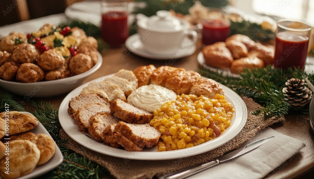 Delicious holiday feast served on a rustic table with festive decorations. Delicious holiday feast served on a rustic table with festive decorations.