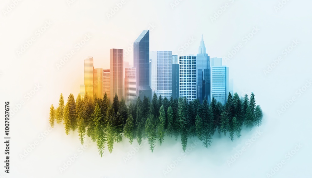 Modern city skyline blended with lush green trees, vibrant colors. Modern city skyline blended with lush green trees, vibrant colors.