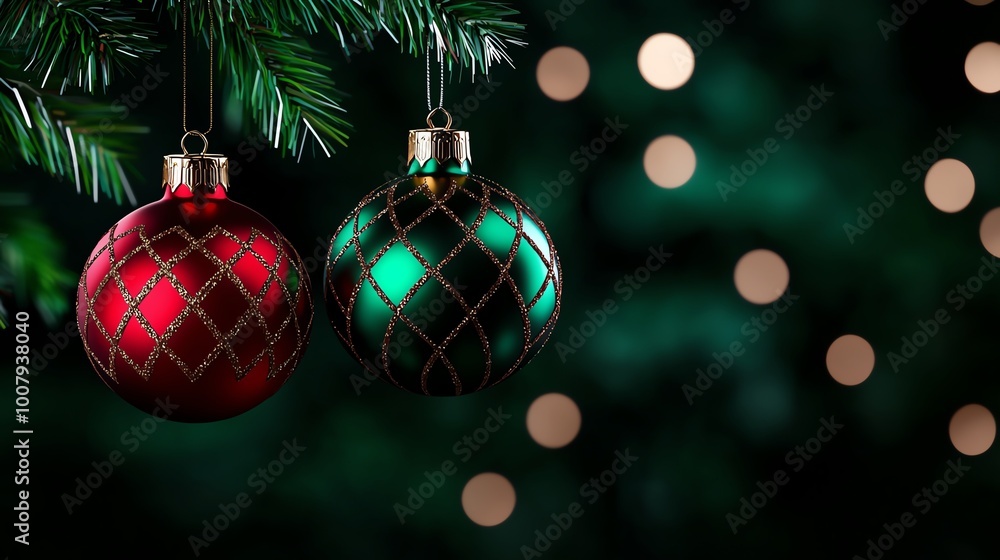 Christmas ornaments, red and green, hanging on a tree with soft bokeh lights. Christmas ornaments, red and green, hanging on a tree with soft bokeh lights.