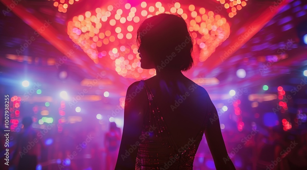Silhouette of Woman at Vibrant Nightclub with Bright Neon Lights and Colorful Atmosphere Silhouette of Woman at Vibrant Nightclub with Bright Neon Lights and Colorful Atmosphere