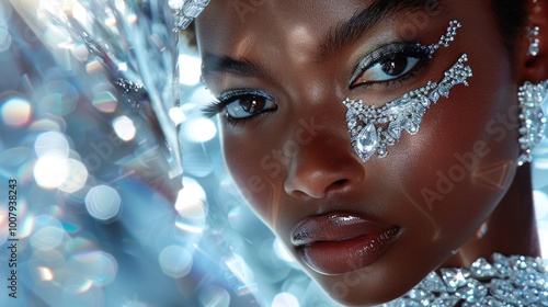 Beautiful African American woman model with glitter on her face on a sparkling background.