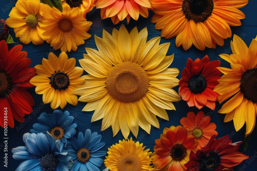 Vibrant Floral Arrangement of Sunflowers and Daisies in Full Bloom on a Dark Blue Background Vibrant Floral Arrangement of Sunflowers and Daisies in Full Bloom on a Dark Blue Background