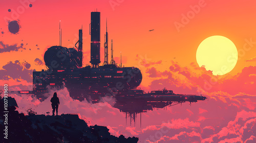 Fototapeta Naklejka Na Ścianę i Meble -  Celestial space station at sunset. Galactic Outpost. Illustration