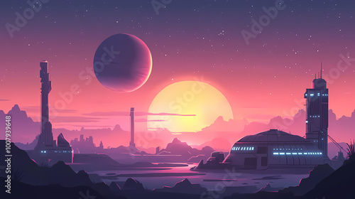 Fototapeta Naklejka Na Ścianę i Meble -  Celestial space station at sunset. Galactic Outpost. Illustration