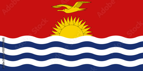 National Flag of Republic of Kiribati, bicolour of red and blue with the yellow frigate bird flying over the rising sun on the upper half and three white wavy horizontal stripes on the lower half