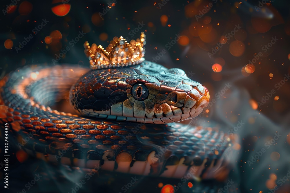 Obraz premium Black snake wearing a golden crown