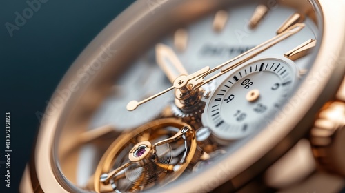 Close-up of an elegant mechanical watch with a detailed dial and gold accents. photo