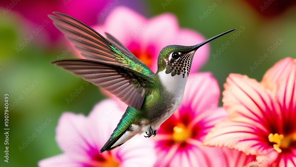 Fototapeta premium This mesmerizing close-up captures the moment a hummingbird hovers effortlessly in mid-air, its wings a blur of motion while its iridescent green feathers shine brilliantly in the sunlight. 
