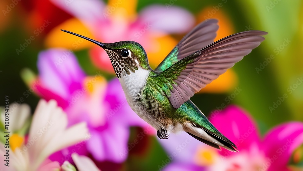 Fototapeta premium This mesmerizing close-up captures the moment a hummingbird hovers effortlessly in mid-air, its wings a blur of motion while its iridescent green feathers shine brilliantly in the sunlight.