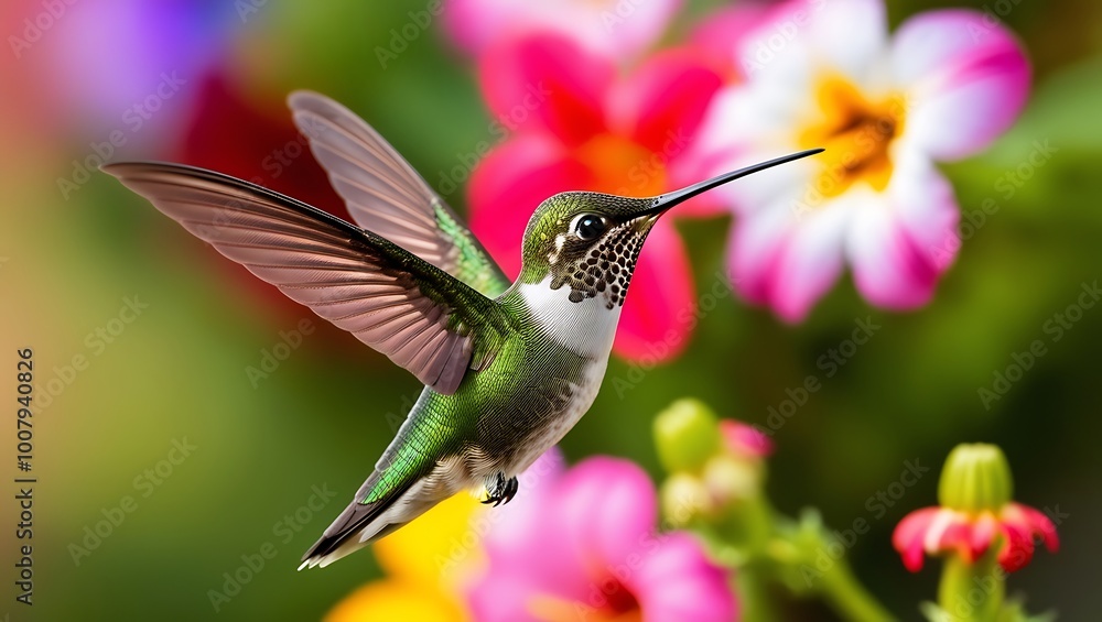 Fototapeta premium This mesmerizing close-up captures the moment a hummingbird hovers effortlessly in mid-air, its wings a blur of motion while its iridescent green feathers shine brilliantly in the sunlight.