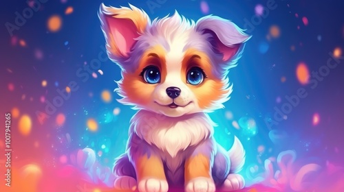 Cute pet puppy on a bright holiday background.