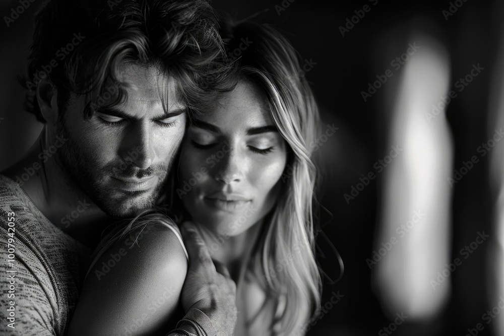 Fototapeta premium Man and woman embracing by window