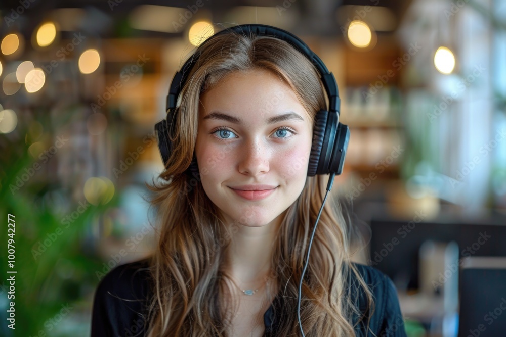 Smiling woman wearing headset Smiling woman wearing headset