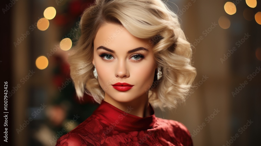 Elegant Woman in Red Dress Posing Against Festive Holiday Lights Background Elegant Woman in Red Dress Posing Against Festive Holiday Lights Background