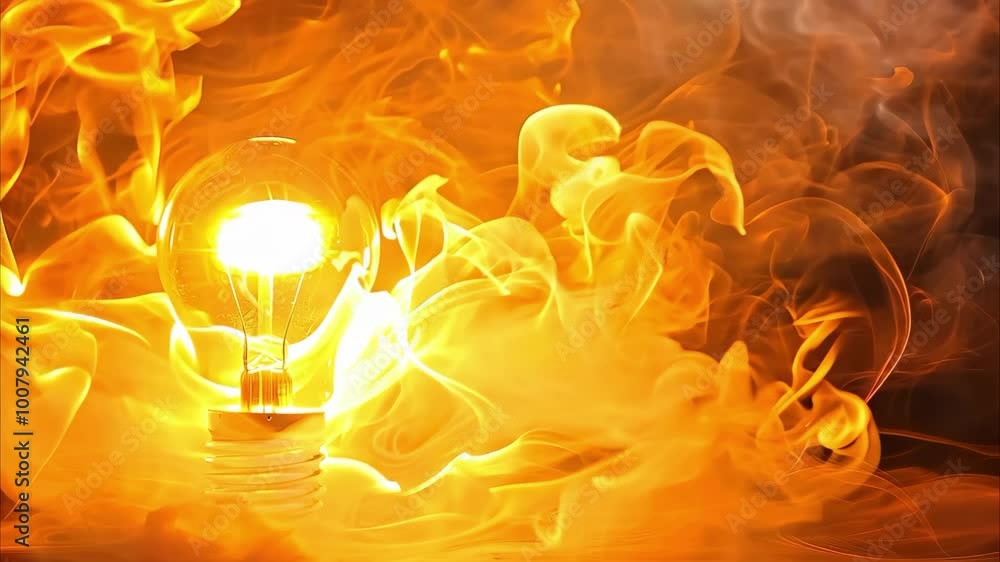 A light bulb surrounded by swirling smoke and flames, creating a dramatic and energetic effect. A light bulb surrounded by swirling smoke and flames, creating a dramatic and energetic effect.