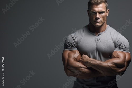 Muscular man sitting in dark room showing strength studio portrait evening photo