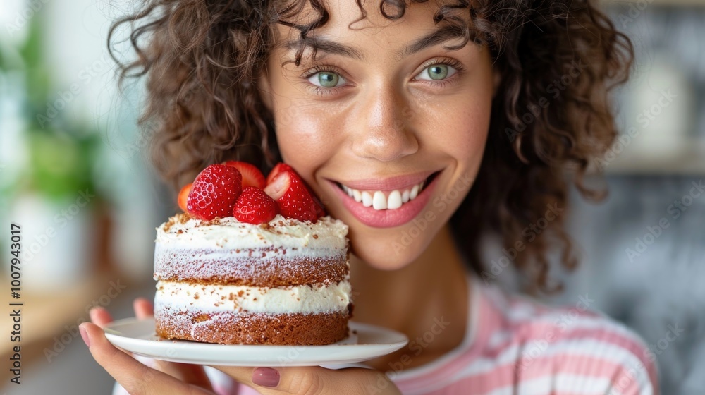 Young woman holding up a cake Young woman holding up a cake