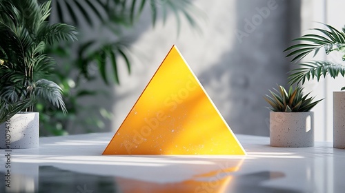 Minimalist yellow triangular podium with plants on a white table.