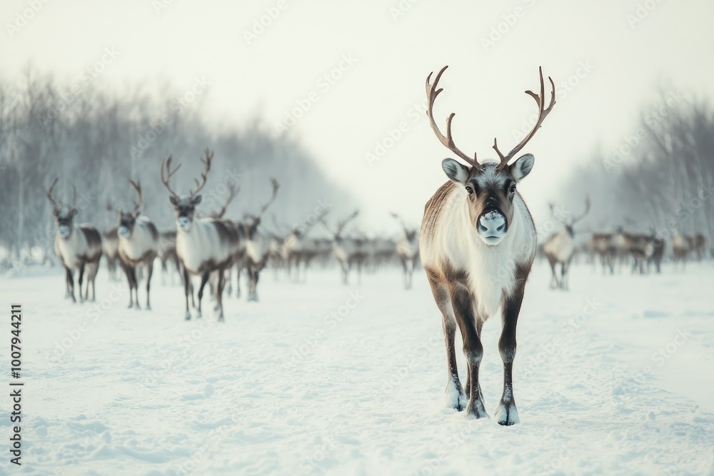 Reindeer in Snowy Landscape with Herd in Background Reindeer in Snowy Landscape with Herd in Background