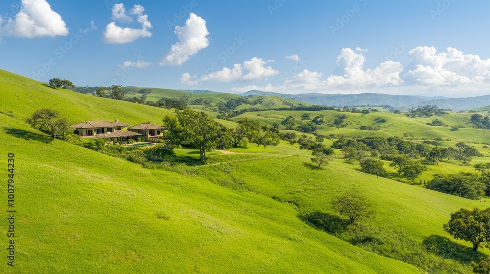 Fototapeta premium Serene Countryside Charm: Picturesque Cottages and Lush Gardens Amid Rolling Hills