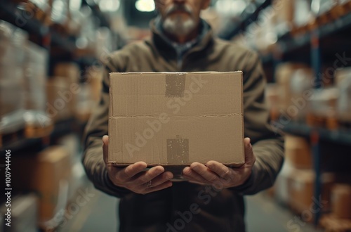 Man holding cardboard box in warehouse