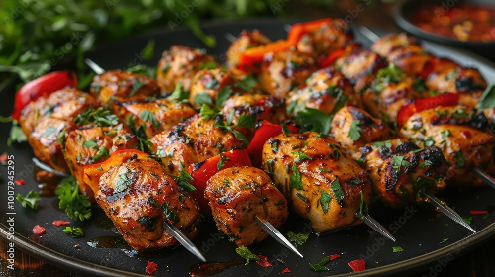 Close-up of grilled chicken skewers on a black plate, garnished with parsley. Close-up of grilled chicken skewers on a black plate, garnished with parsley.