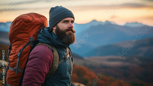 Dedicated hiker enjoying the sunset view on National Hiking Day in mountainous terrain