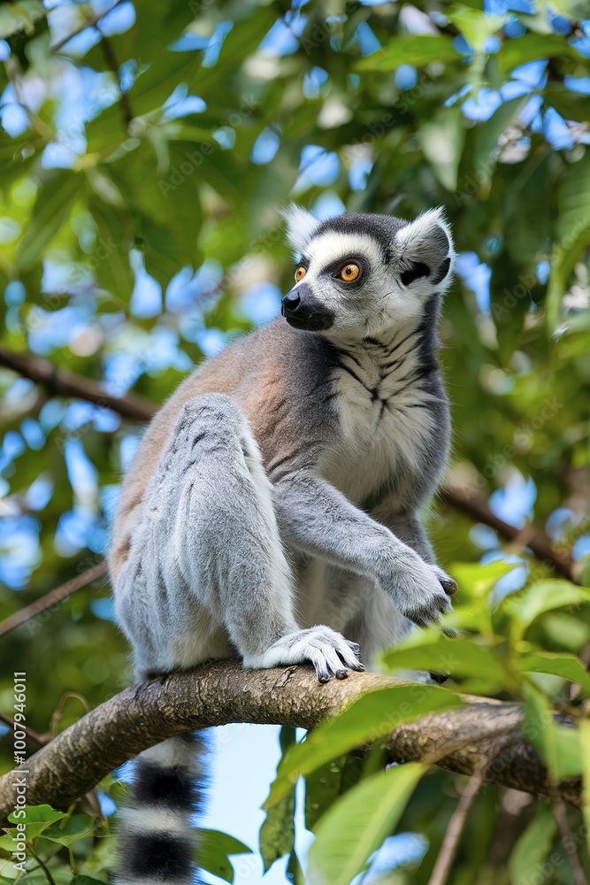 A gray lemur with large eyes and a long tail sitting on a tree branch in a lush green environment A gray lemur with large eyes and a long tail sitting on a tree branch in a lush green environment