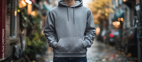 Man wearing a grey hooded sweatshirt standing in a city street.