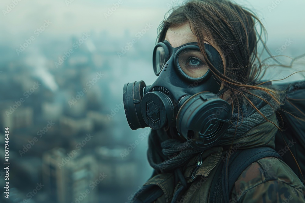 Woman wearing gas mask in city Woman wearing gas mask in city