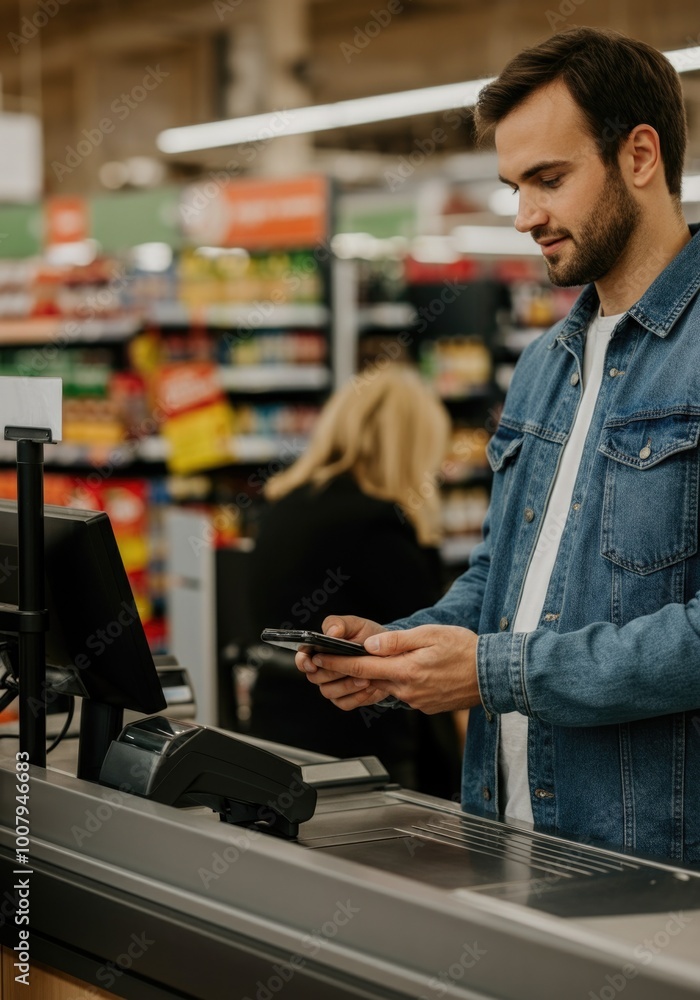 Young Man Using Smartphone at Supermarket Checkout Young Man Using Smartphone at Supermarket Checkout