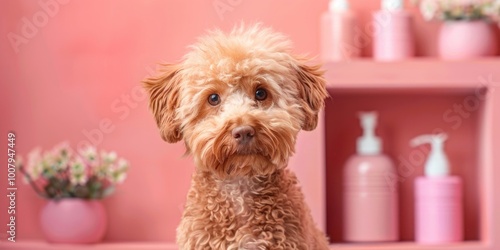 Adorable CurlyHaired Dog in Pink Grooming Room with Flowers and Bath Products photo