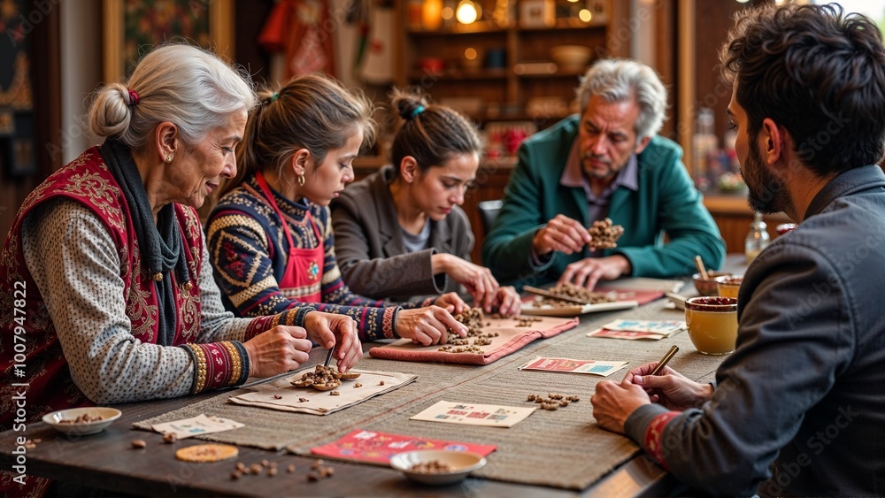 Fototapeta premium Older and young individuals happily sharing traditional art and crafts against a cultural heritage background