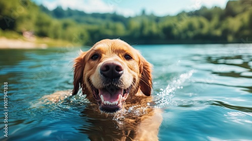 Happy Dog Swimming in Calm Water Under Clear Sky